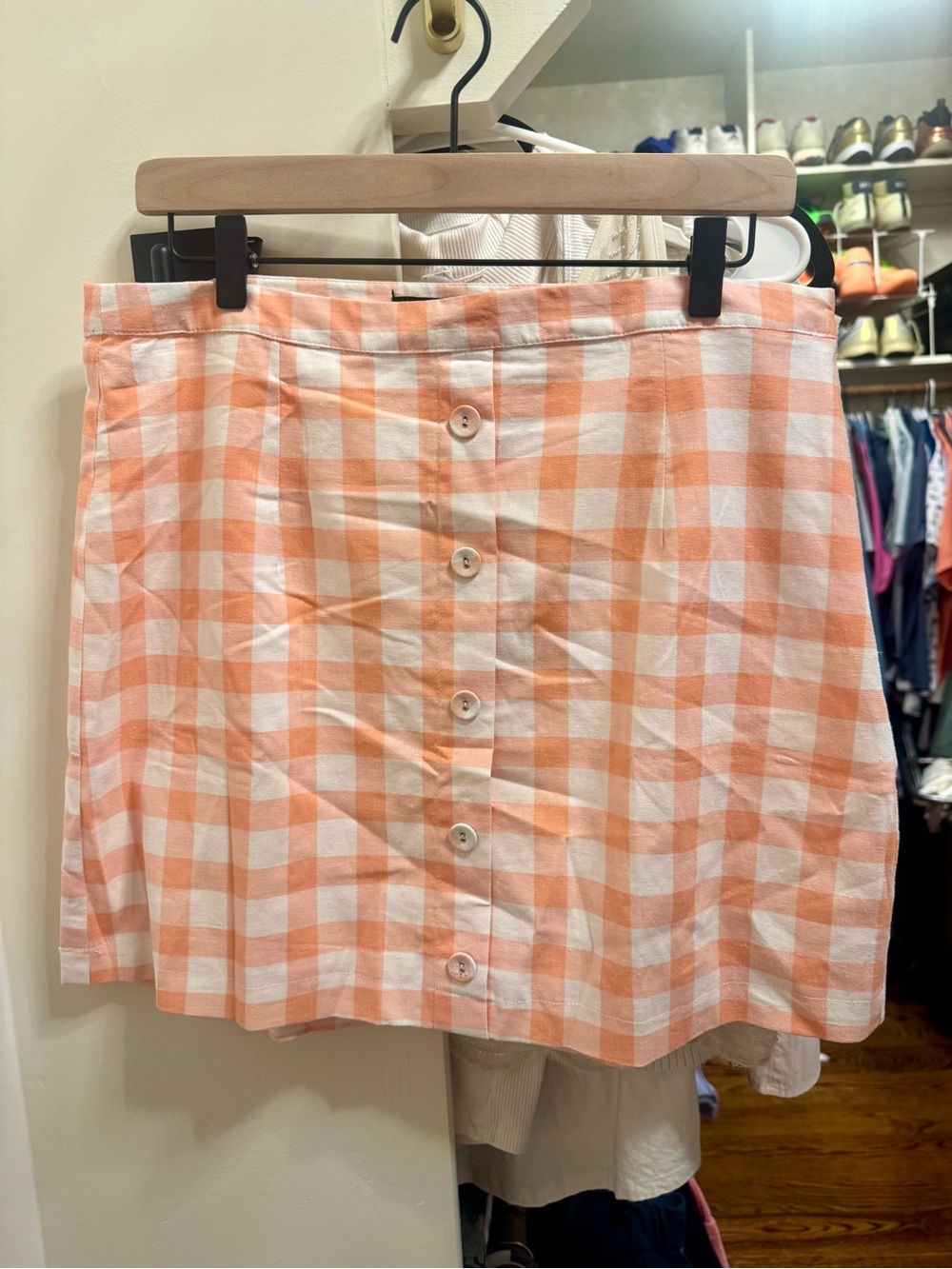 French Connection Peach & White Gingham Button-Front Mini Skirt